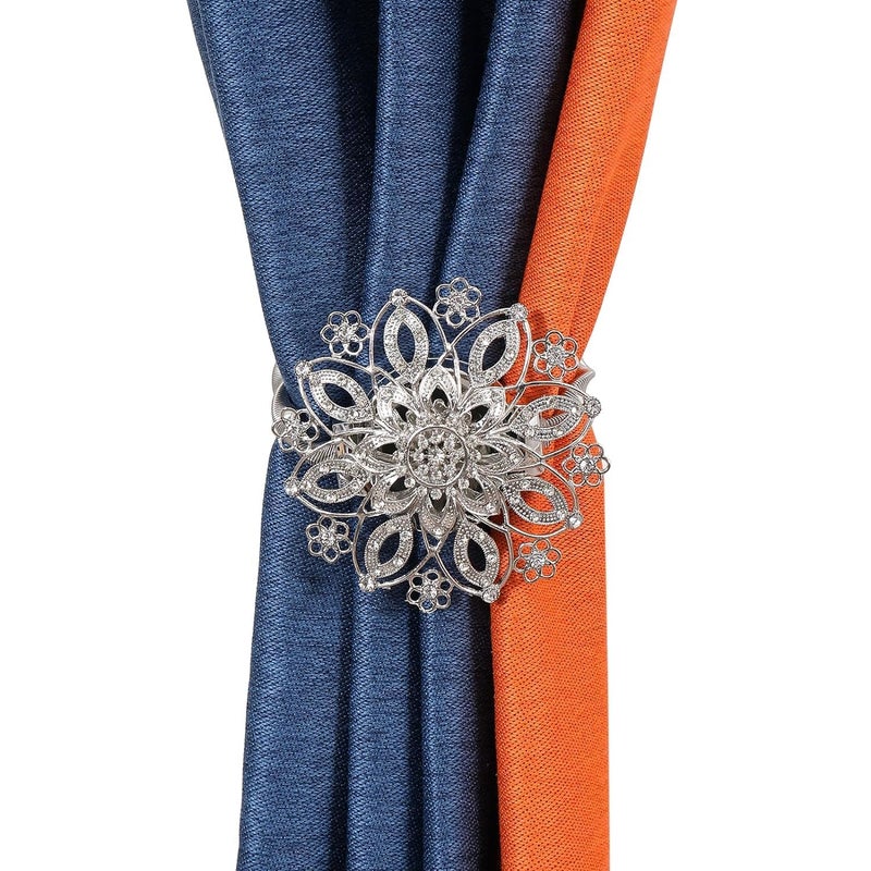 Arkit Wall Mounted Decorative Metal Heavy Duty Window Drapery HoldersCurtain Tie Backs Hooks Decorative Drapery Curtain HoldBacks Buckle with Stretchy Wire Rope Silver Platinum with Diamond - Image 1
