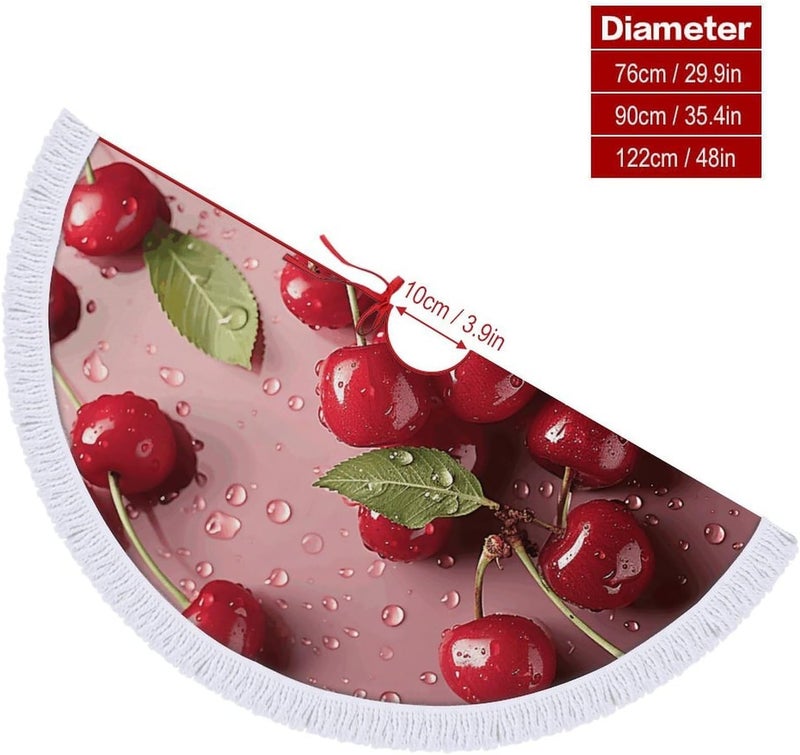 Lovely Sweet Red Cherry Christmas Tree Skirt Classic Round Xmas Tree Skirt Protects Floors Christmas Tree Mat with Tassels for Winter Holiday Party Indoor Decor - Image 2