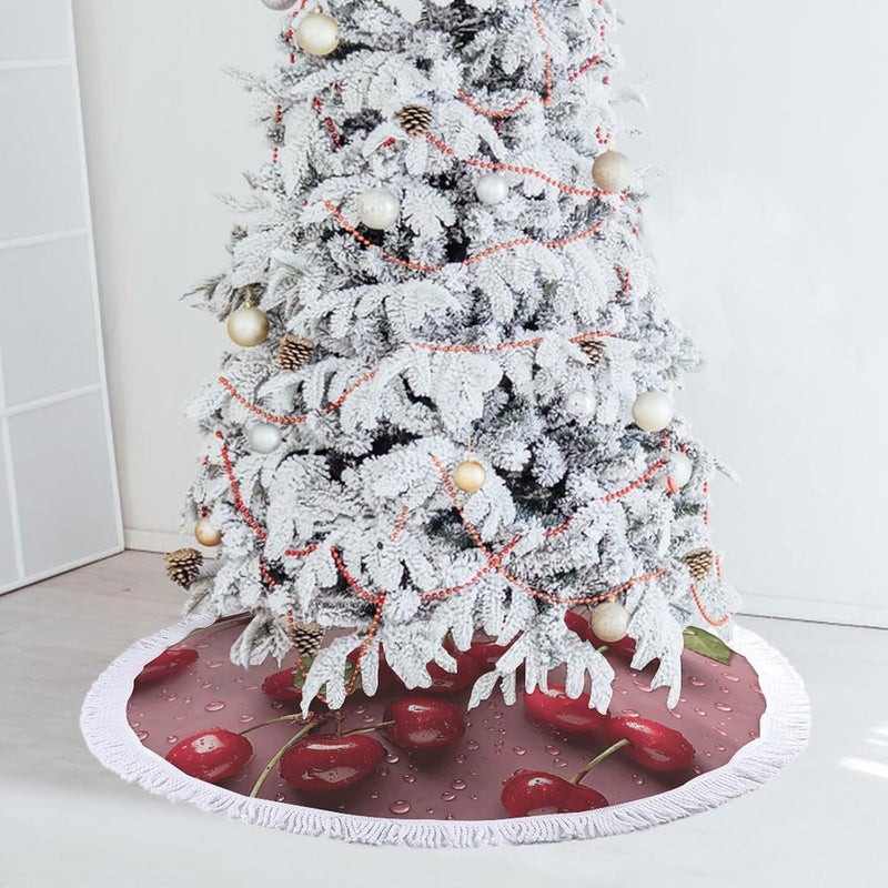 Lovely Sweet Red Cherry Christmas Tree Skirt Classic Round Xmas Tree Skirt Protects Floors Christmas Tree Mat with Tassels for Winter Holiday Party Indoor Decor - Image 5