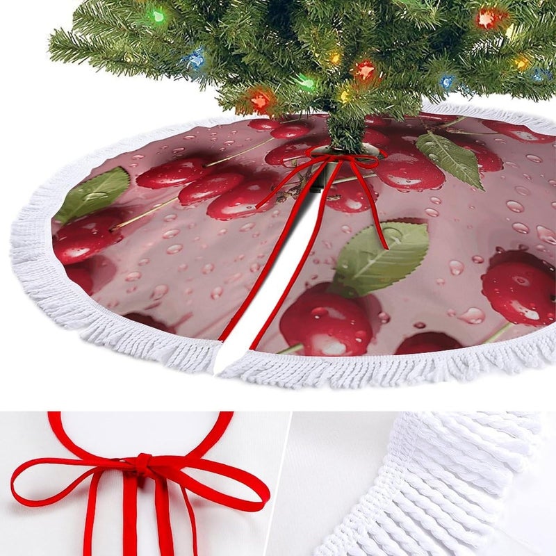 Lovely Sweet Red Cherry Christmas Tree Skirt Classic Round Xmas Tree Skirt Protects Floors Christmas Tree Mat with Tassels for Winter Holiday Party Indoor Decor - Image 3