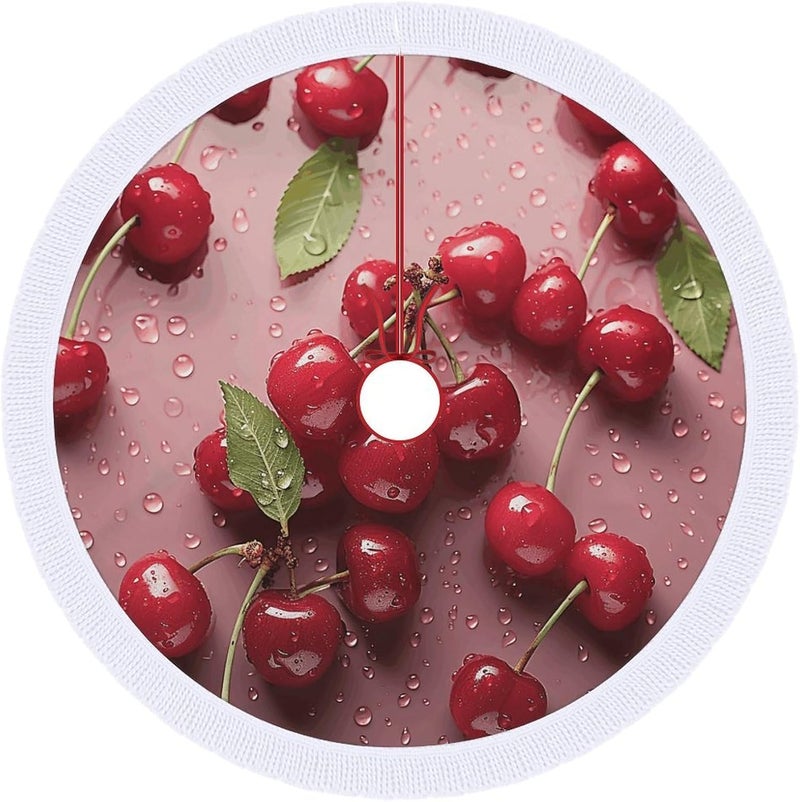 Lovely Sweet Red Cherry Christmas Tree Skirt Classic Round Xmas Tree Skirt Protects Floors Christmas Tree Mat with Tassels for Winter Holiday Party Indoor Decor - Image 1