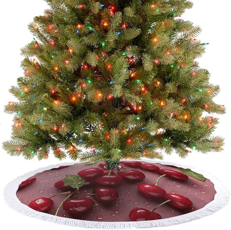 Lovely Sweet Red Cherry Christmas Tree Skirt Classic Round Xmas Tree Skirt Protects Floors Christmas Tree Mat with Tassels for Winter Holiday Party Indoor Decor - Image 4