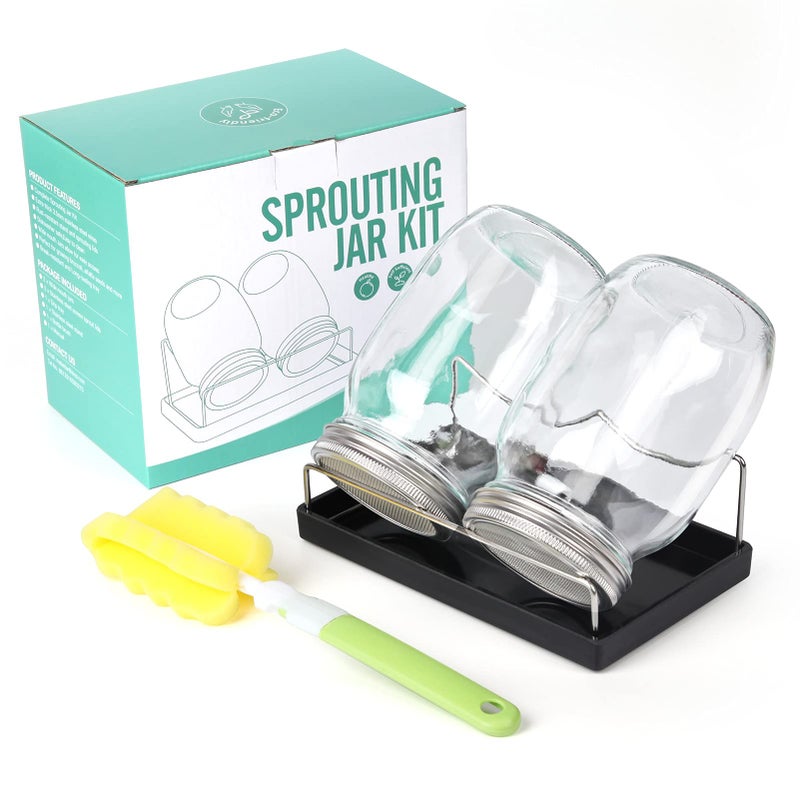 HASWE Seed Sprouting Jar Kit | 2 Wide Mouth Mason Jars & Stainless Steel Screen Lids,Tray,Stand and Canning Brush | Sprouter Set to Grow Broccoli, Alfalfa,Organic Microgreens Sprouts & Mung Bean (Black)  - Image 1