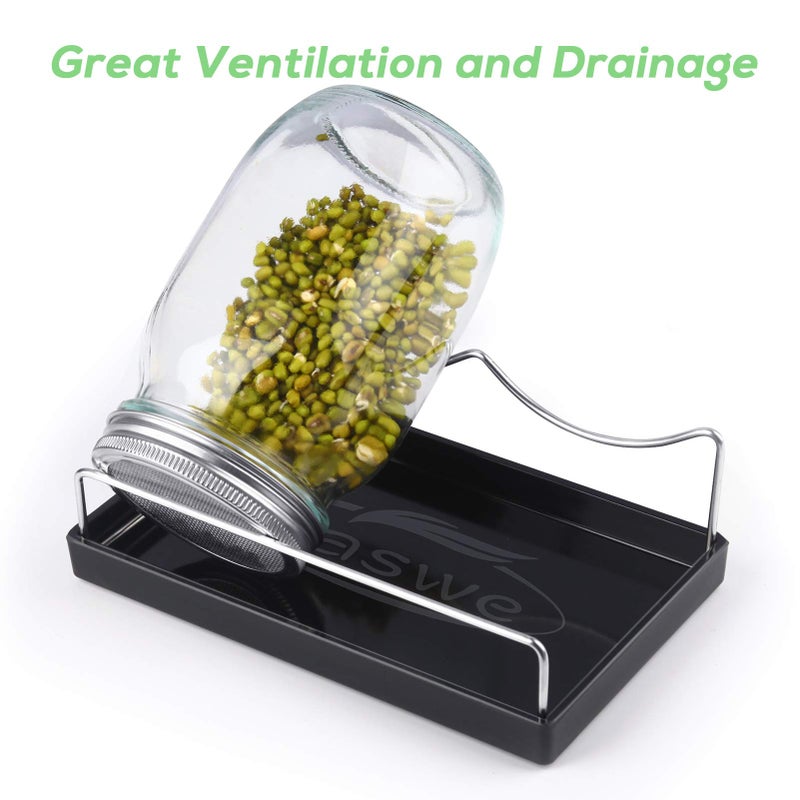 HASWE Seed Sprouting Jar Kit | 2 Wide Mouth Mason Jars & Stainless Steel Screen Lids,Tray,Stand and Canning Brush | Sprouter Set to Grow Broccoli, Alfalfa,Organic Microgreens Sprouts & Mung Bean (Black)  - Image 2
