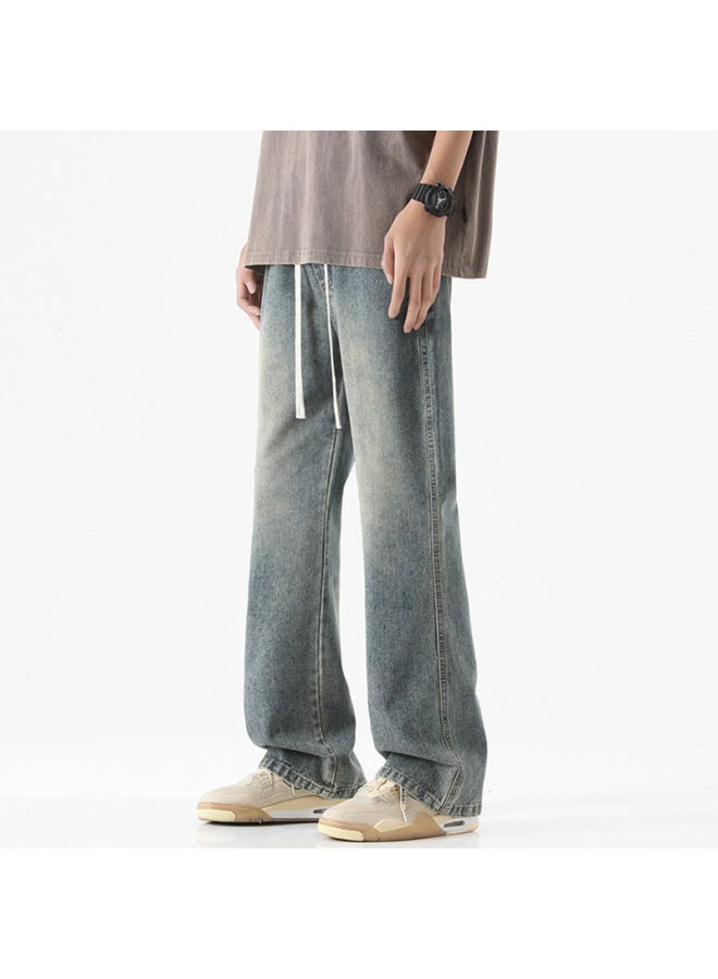 Men's Elastoelastic Waist Slimmer Jeans Men's Hong Kong-style Washed Straight-leg Thin Tall Horn Long Pants
