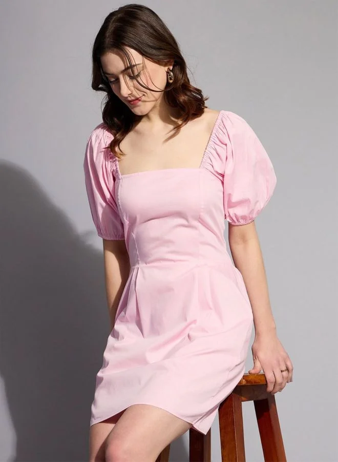 Women Regular Fit Solid Square Neck Short Sleeve Shift Dress