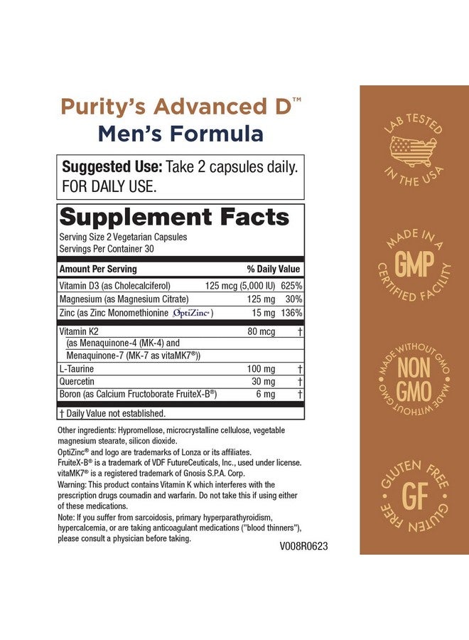 Purity Products Dr. Cannell's Advanced Vitamin D Men's Formula Packed with Vitamin D, Vitamin K2, Zinc, Magnesium Citrate, Boron and Taurine - 60 Vegetarian Capsules - Image 2