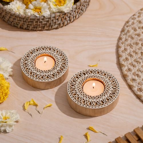 Goyoham | Pack of 2, Premium Wooden Candle Holders with Circular Mandala Pattern | Handcrafted in India | Home Decor and Gifting - Image 1