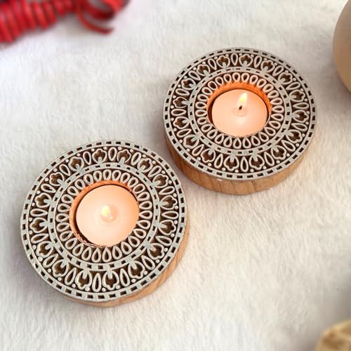 Goyoham | Pack of 2, Premium Wooden Candle Holders with Circular Mandala Pattern | Handcrafted in India | Home Decor and Gifting - Image 2