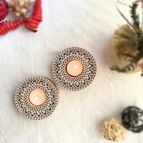 Goyoham | Pack of 2, Premium Wooden Candle Holders with Circular Mandala Pattern | Handcrafted in India | Home Decor and Gifting - Image 5