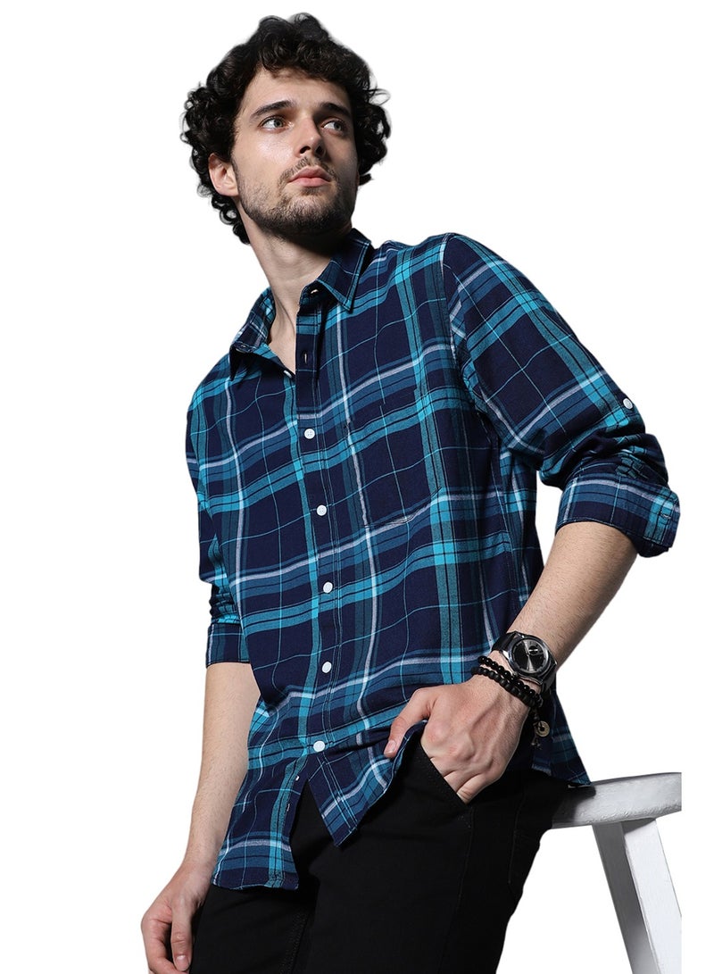 HIGH STAR Men's Blue Tartan Checks Cotton Casual Shirt - Image 1