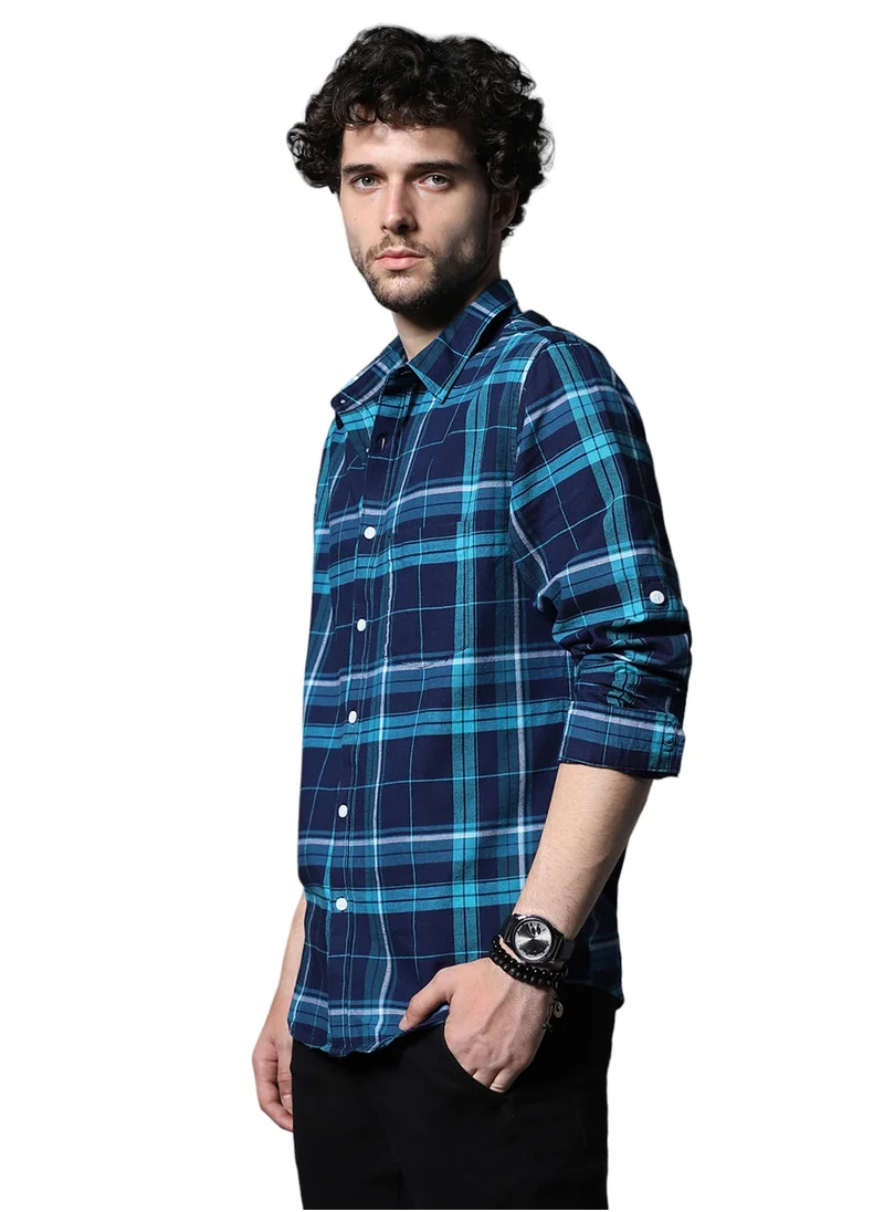 هاي ستار Men's Blue Tartan Checks Cotton Casual Shirt