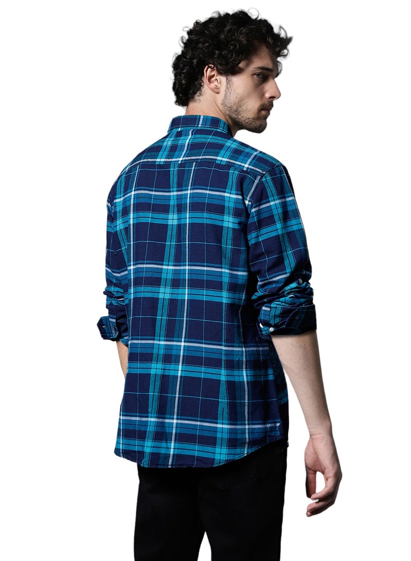 HIGH STAR Men's Blue Tartan Checks Cotton Casual Shirt - Image 3