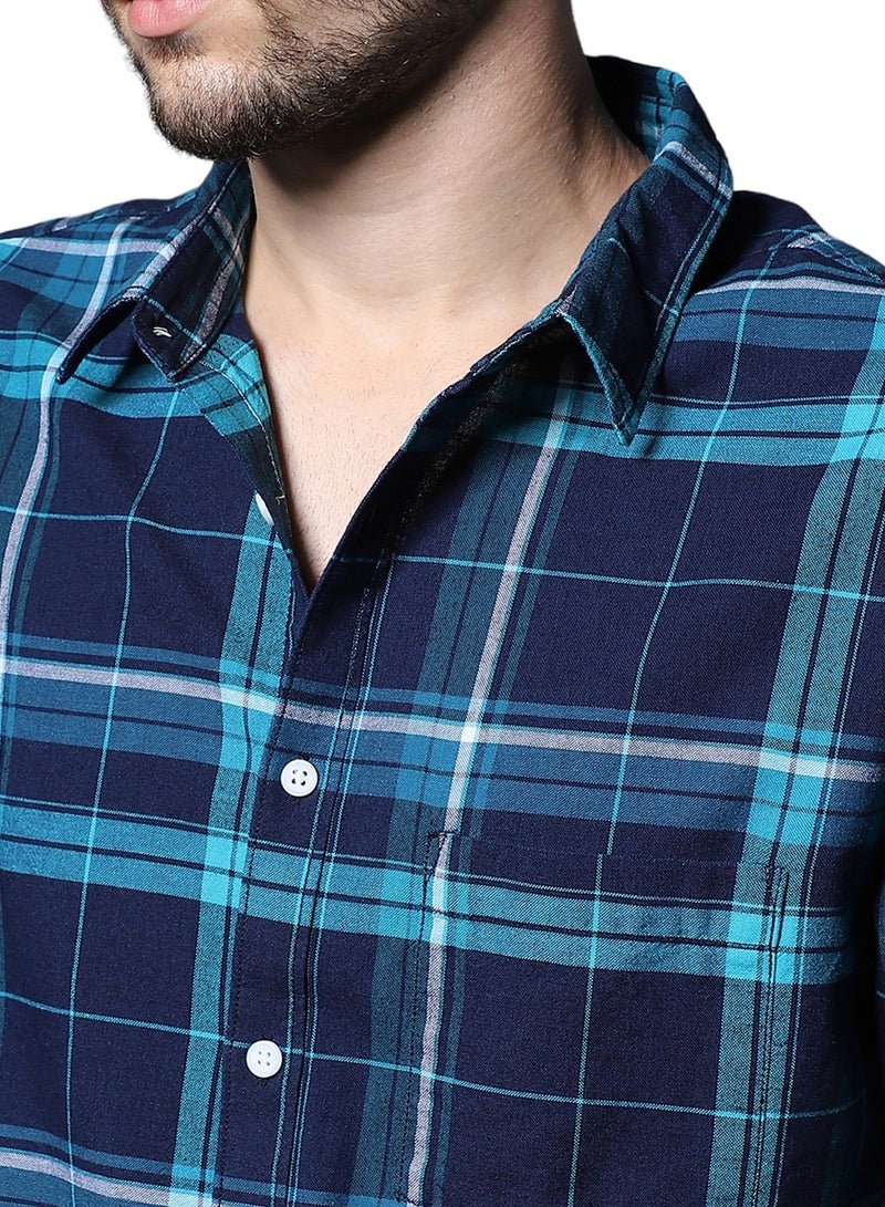 HIGH STAR Men's Blue Tartan Checks Cotton Casual Shirt - Image 5