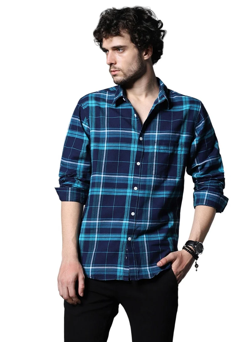 Men's Blue Tartan Checks Cotton Casual Shirt