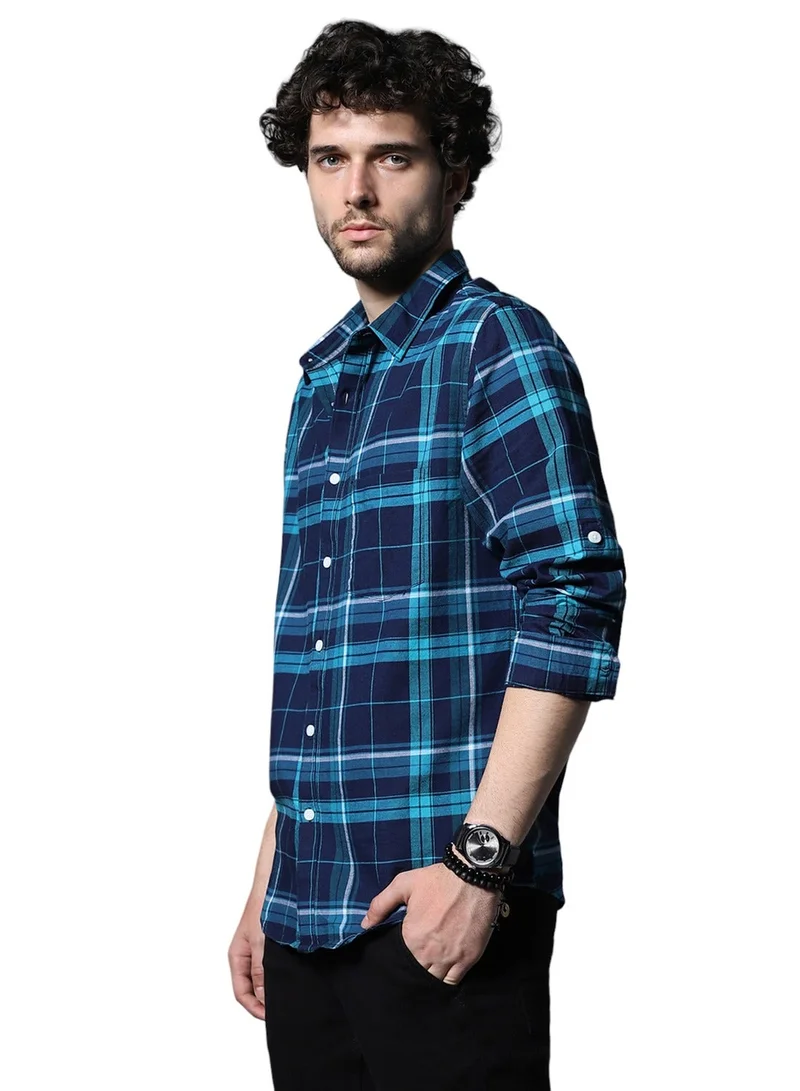 HIGH STAR Men's Blue Tartan Checks Cotton Casual Shirt