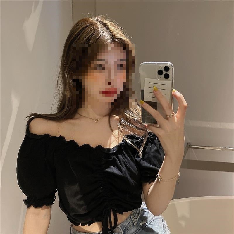 Bubble Sleeve Off-Shoulder Drawstring Top Women'S Summer Short Short-Sleeved Student New All-Match Trendy Ins T-Shirt - Image 1