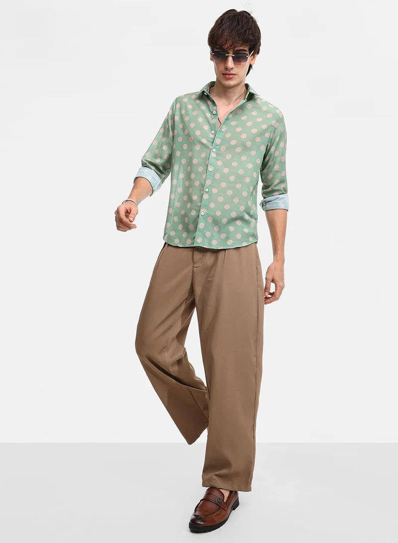 Campus Sutra Men's Grass Green Polka Dot Shirt