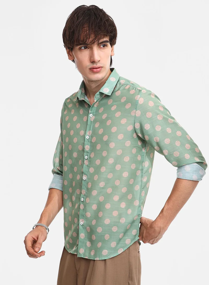Campus Sutra Men's Grass Green Polka Dot Shirt