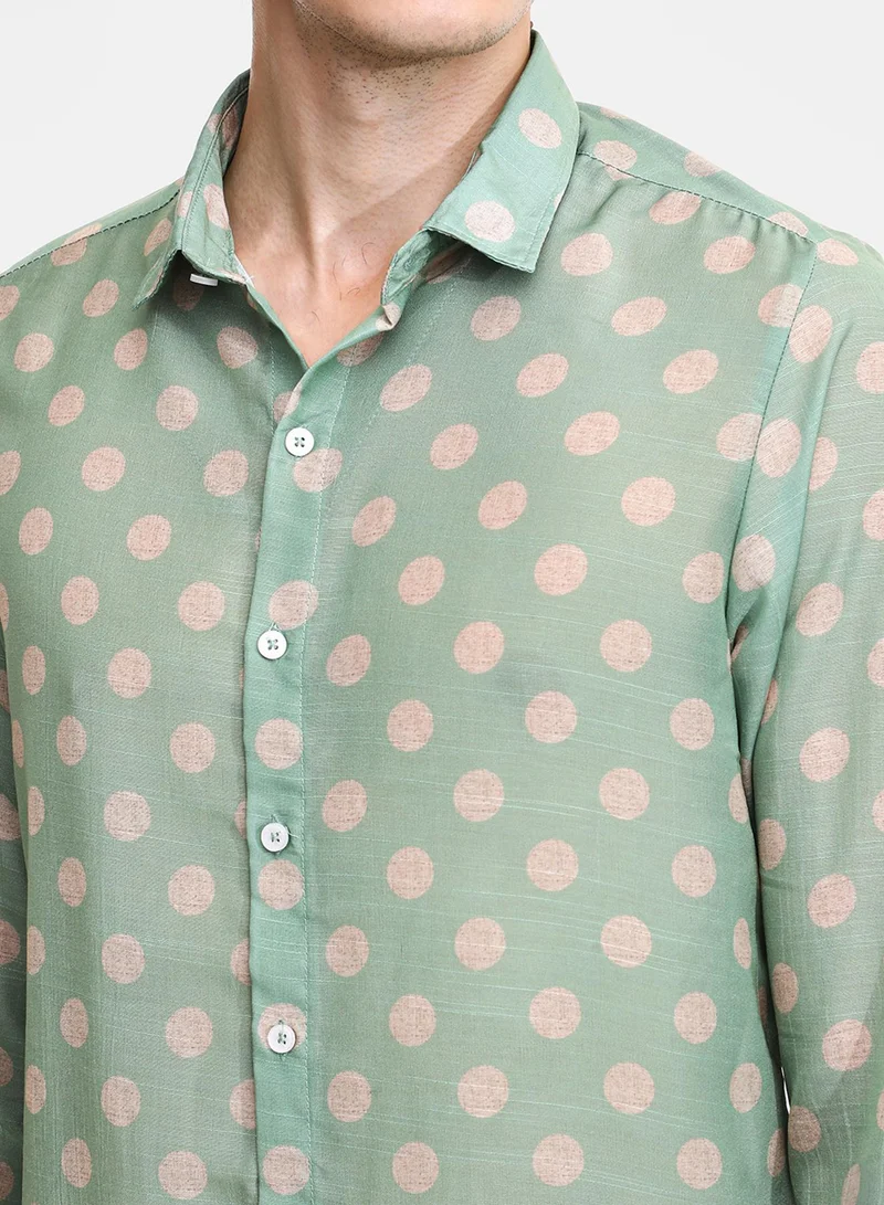 Campus Sutra Men's Grass Green Polka Dot Shirt