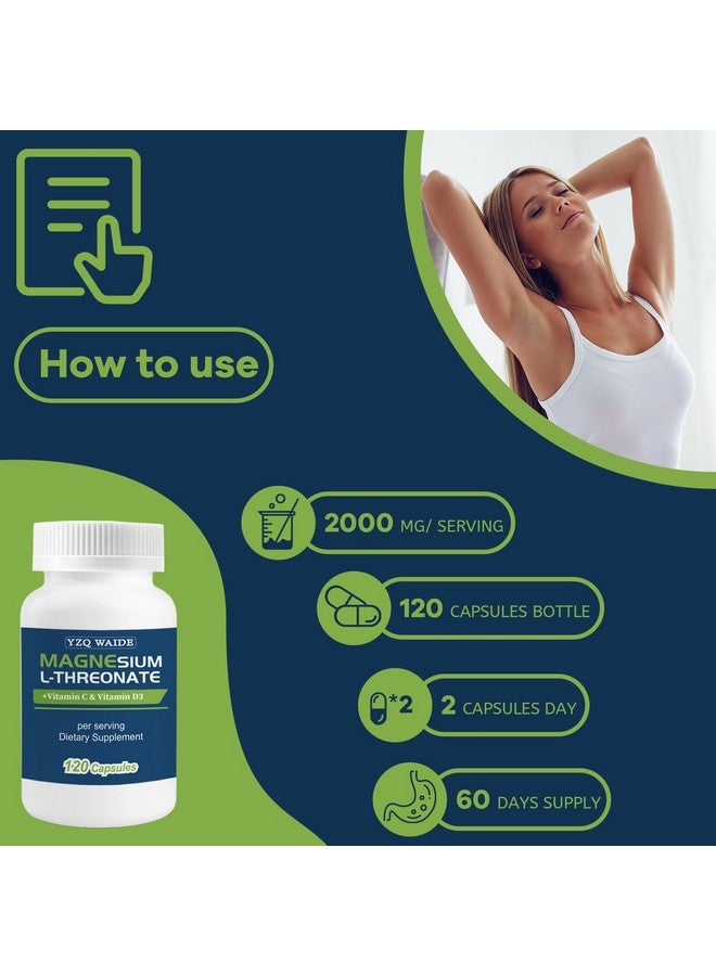 Magnesium L-Threonate Supplement 120 Capsules, 2000 mg Magnesium Threonate with Vitamin C & D3, High Absorption for Sleep, Cognition and Energy Support, Non-GMO(60 Days Supply) - Image 4