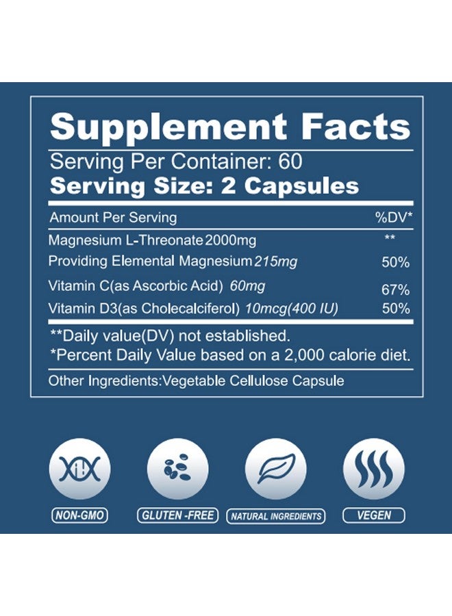 Magnesium L-Threonate Supplement 120 Capsules, 2000 mg Magnesium Threonate with Vitamin C & D3, High Absorption for Sleep, Cognition and Energy Support, Non-GMO(60 Days Supply) - Image 5
