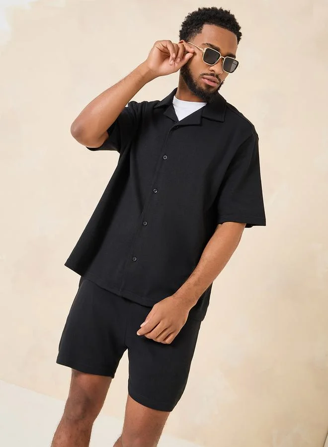 Styli Solid Revere Collar Shirt & Shorts Co-Ord Set