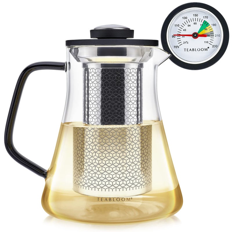 Teabloom 2-in-1 Tea Kettle and Tea Steeper - Glass Teapot with Thermometer and Stainless Steel Loose leaf Tea Infuser, No Whistle Kettles, Virtuoso 34-Ounce Tea Maker - Image 1