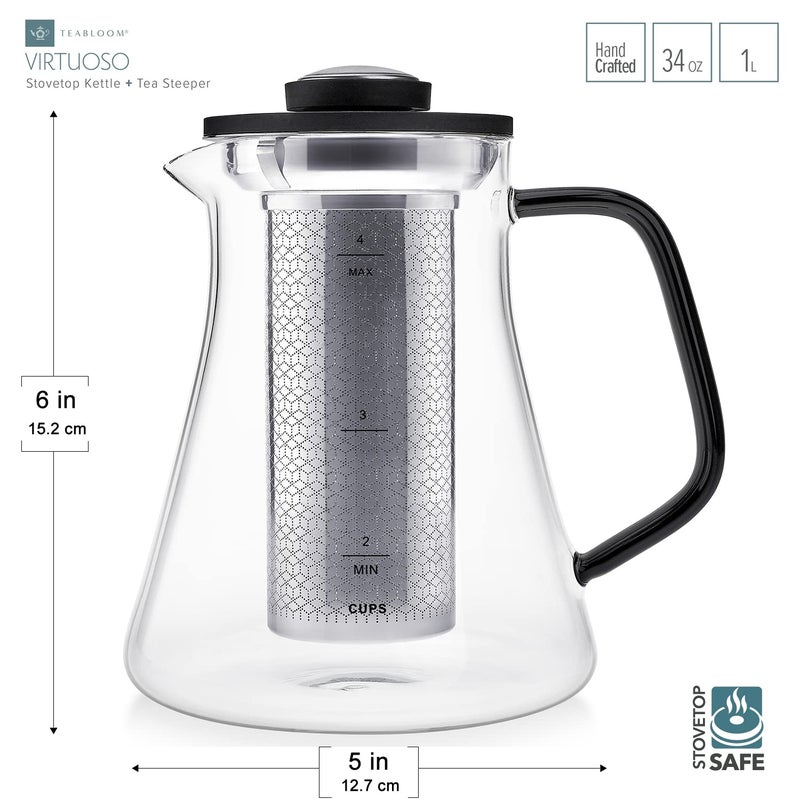 Teabloom 2-in-1 Tea Kettle and Tea Steeper - Glass Teapot with Thermometer and Stainless Steel Loose leaf Tea Infuser, No Whistle Kettles, Virtuoso 34-Ounce Tea Maker - Image 5