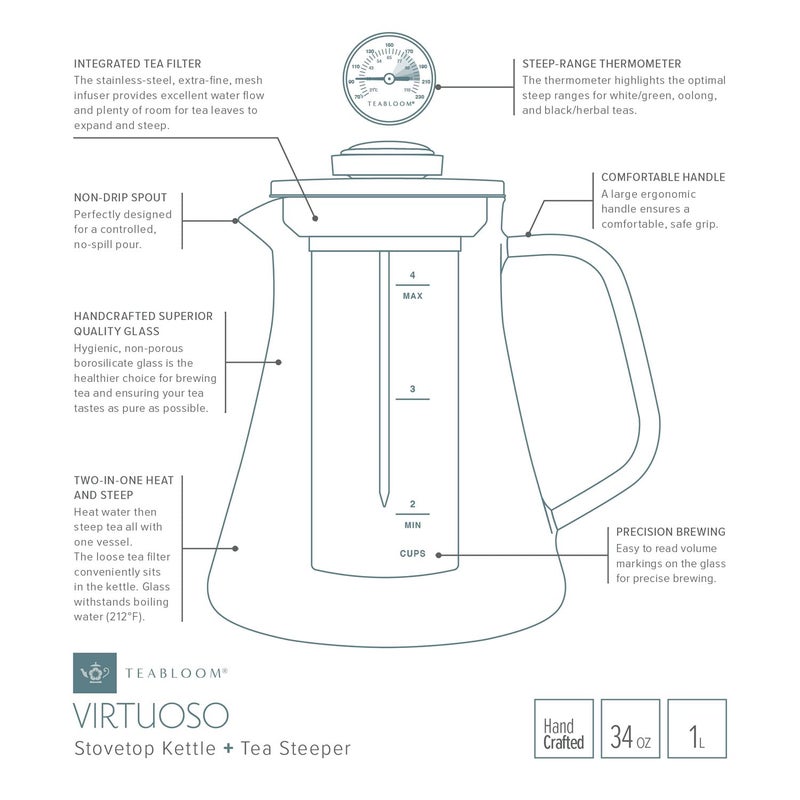 Teabloom 2-in-1 Tea Kettle and Tea Steeper - Glass Teapot with Thermometer and Stainless Steel Loose leaf Tea Infuser, No Whistle Kettles, Virtuoso 34-Ounce Tea Maker - Image 3