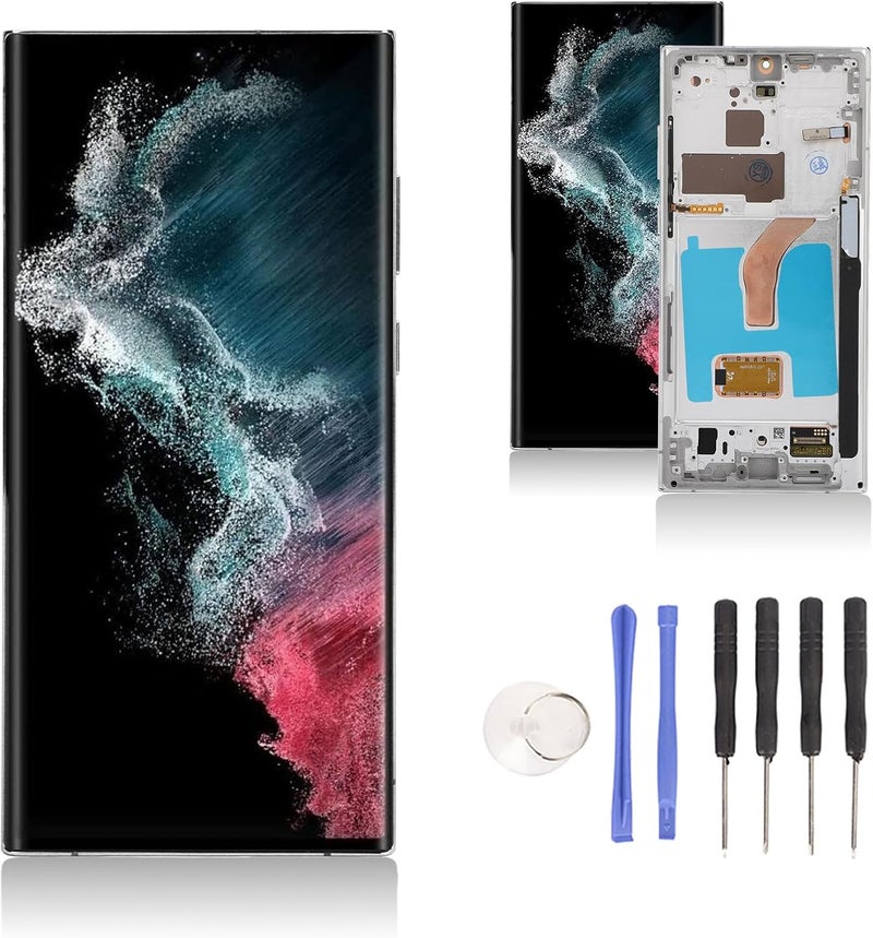 Yoidesu Original for S22 Ultra, OLED LCD Display Touch Screen Digitizer Assembly S22ultra SM S908B LCD Screen Replacement with Frame, 6.7 Inch (Silver) - Image 1