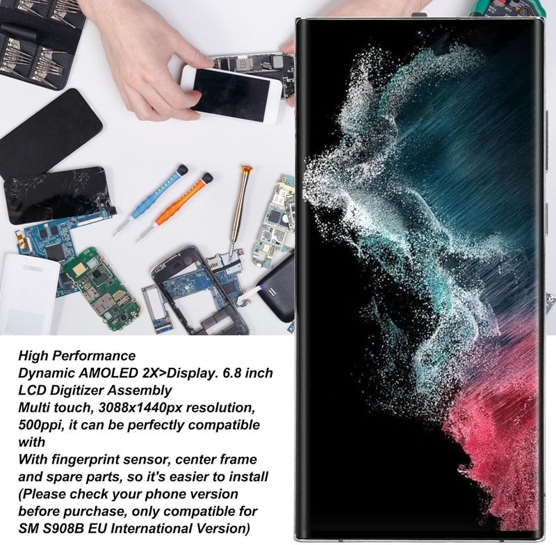 Yoidesu Original for S22 Ultra, OLED LCD Display Touch Screen Digitizer Assembly S22ultra SM S908B LCD Screen Replacement with Frame, 6.7 Inch (Silver) - Image 3