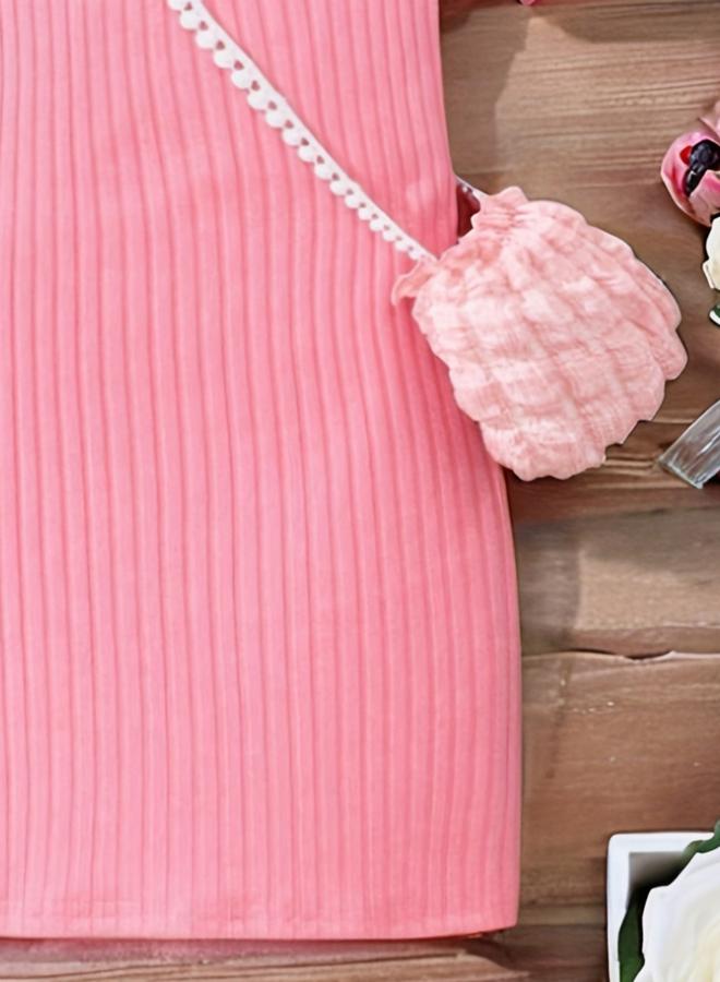 تايك تو فستان محبوك باللون الوردي مع شنطة - Image 5