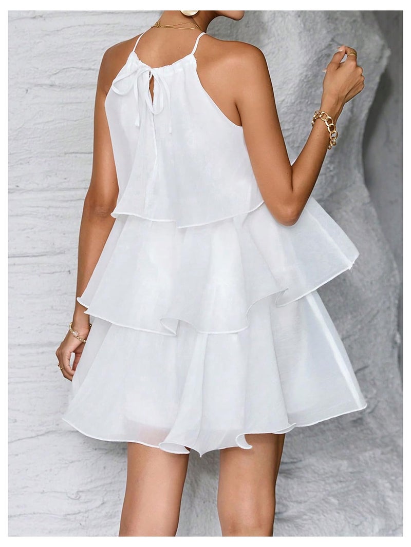 MakeMeChic Women's Wedding Guest Halter Mini Dress Ruffle Layered Sleeveless Summer Short Dress Flowy White Small - Image 2