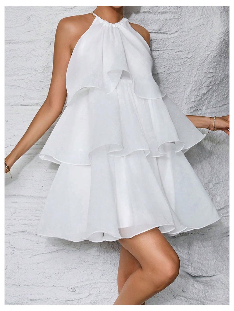MakeMeChic Women's Wedding Guest Halter Mini Dress Ruffle Layered Sleeveless Summer Short Dress Flowy White Small - Image 4
