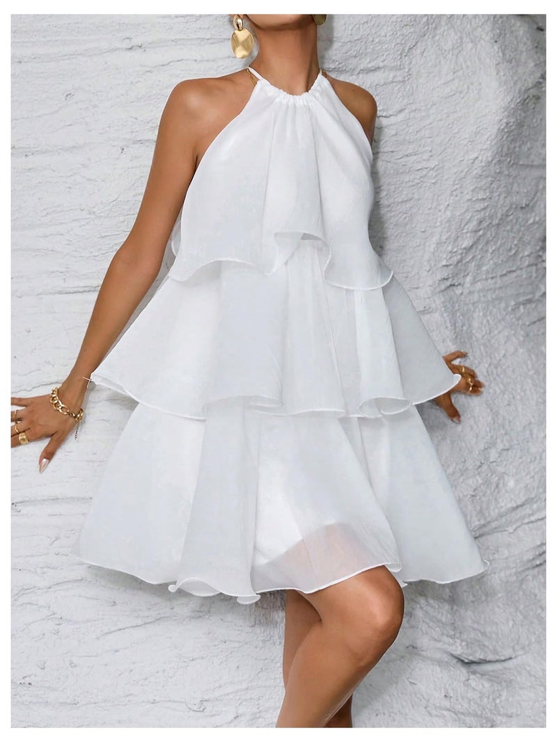 MakeMeChic Women's Wedding Guest Halter Mini Dress Ruffle Layered Sleeveless Summer Short Dress Flowy White Small - Image 3