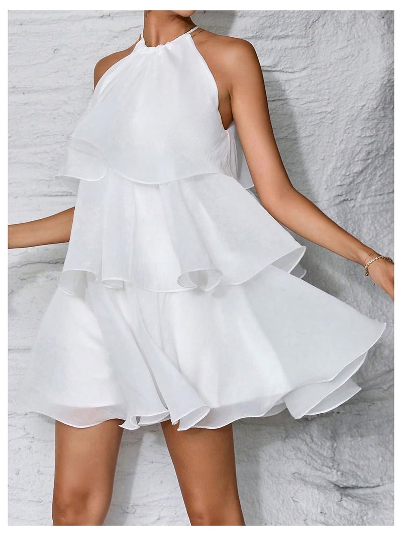 MakeMeChic Women's Wedding Guest Halter Mini Dress Ruffle Layered Sleeveless Summer Short Dress Flowy White Small - Image 5
