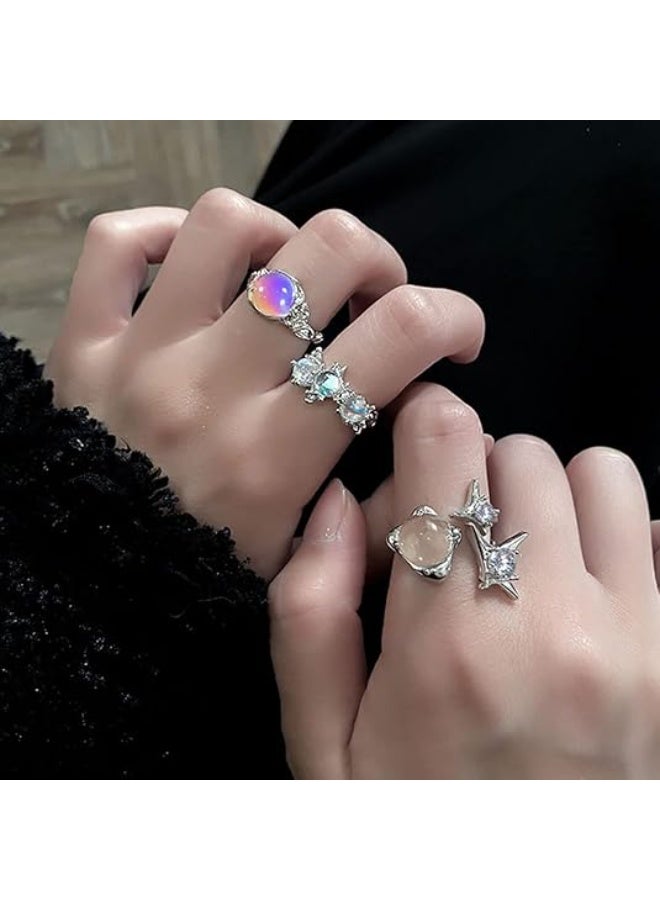 Y2k Rings Set Carnelian Rings Irregular Agate Opal Moonstone Bud Flower Star Finger Rings Opening Adjustable Rings for Women - Image 2