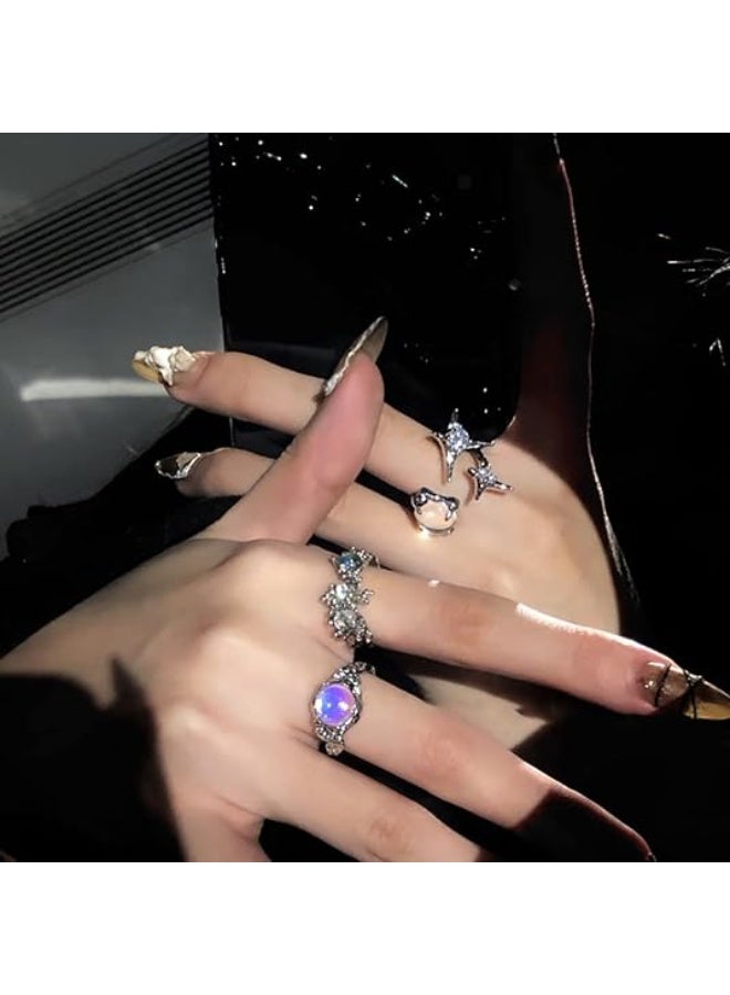 Y2k Rings Set Carnelian Rings Irregular Agate Opal Moonstone Bud Flower Star Finger Rings Opening Adjustable Rings for Women - Image 5