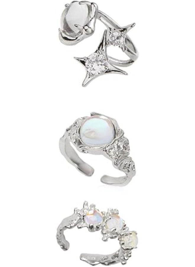 Y2k Rings Set Carnelian Rings Irregular Agate Opal Moonstone Bud Flower Star Finger Rings Opening Adjustable Rings for Women - Image 1
