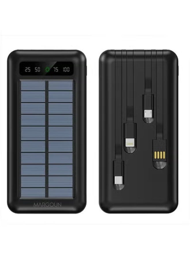 20000mAh Solar Power Bank with Built-In Cable & Dual USB Output – High-Capacity Fast Charging External Battery Pack for Smartphones, Tablets & USB Devices – Portable Solar Charger with LED Indicator – Lightweight Black Design for Travel, Outdoor & Emergency Use  - Image 1
