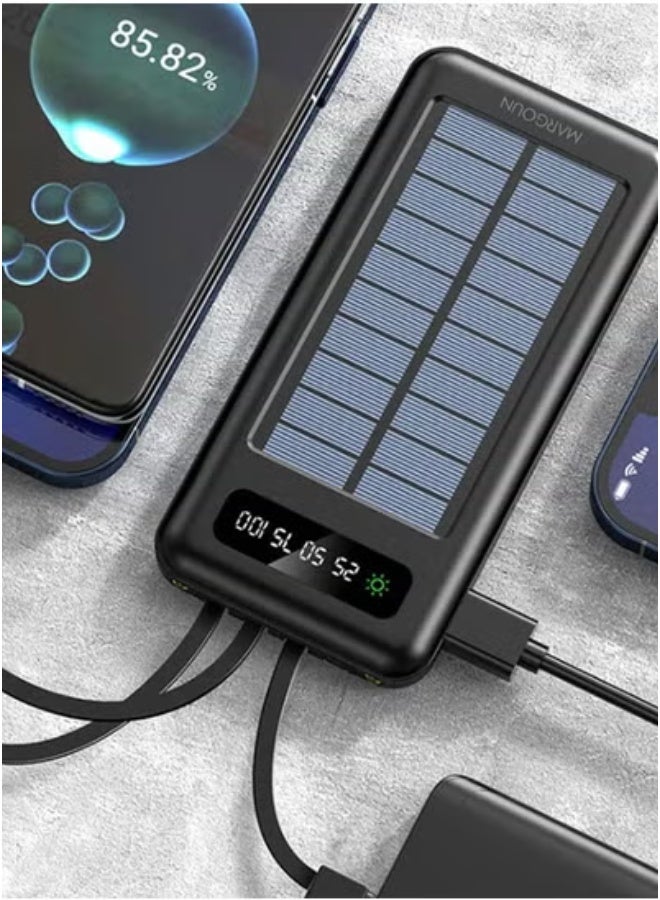 20000mAh Solar Power Bank with Built-In Cable & Dual USB Output – High-Capacity Fast Charging External Battery Pack for Smartphones, Tablets & USB Devices – Portable Solar Charger with LED Indicator – Lightweight Black Design for Travel, Outdoor & Emergency Use  - Image 4