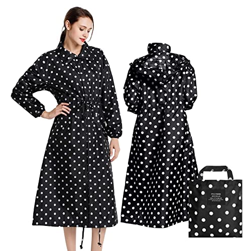 LAMA Womens Long Raincoats Rain Jacket Waterproof Packable Outdoor Hooded Windbreaker Lightweight Adjustable Waist for Outdoors(Black Dots, L) - Image 1
