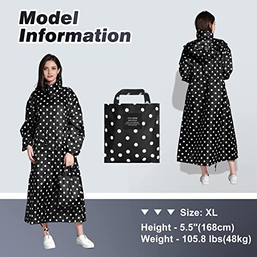LAMA Womens Long Raincoats Rain Jacket Waterproof Packable Outdoor Hooded Windbreaker Lightweight Adjustable Waist for Outdoors(Black Dots, L) - Image 4