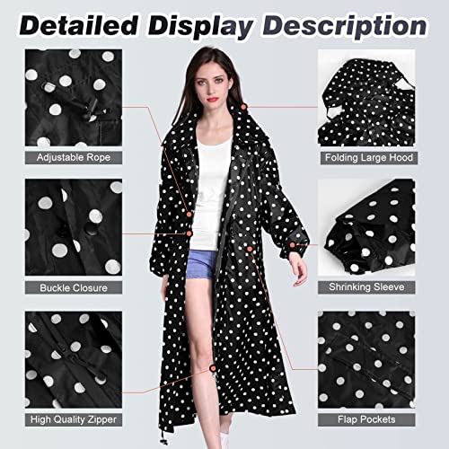 LAMA Womens Long Raincoats Rain Jacket Waterproof Packable Outdoor Hooded Windbreaker Lightweight Adjustable Waist for Outdoors(Black Dots, L) - Image 3