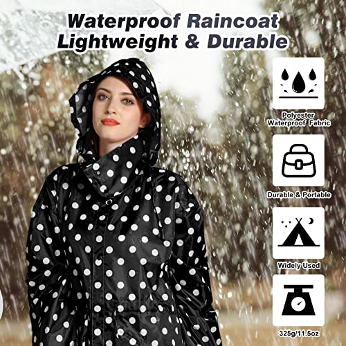 LAMA Womens Long Raincoats Rain Jacket Waterproof Packable Outdoor Hooded Windbreaker Lightweight Adjustable Waist for Outdoors(Black Dots, L) - Image 2