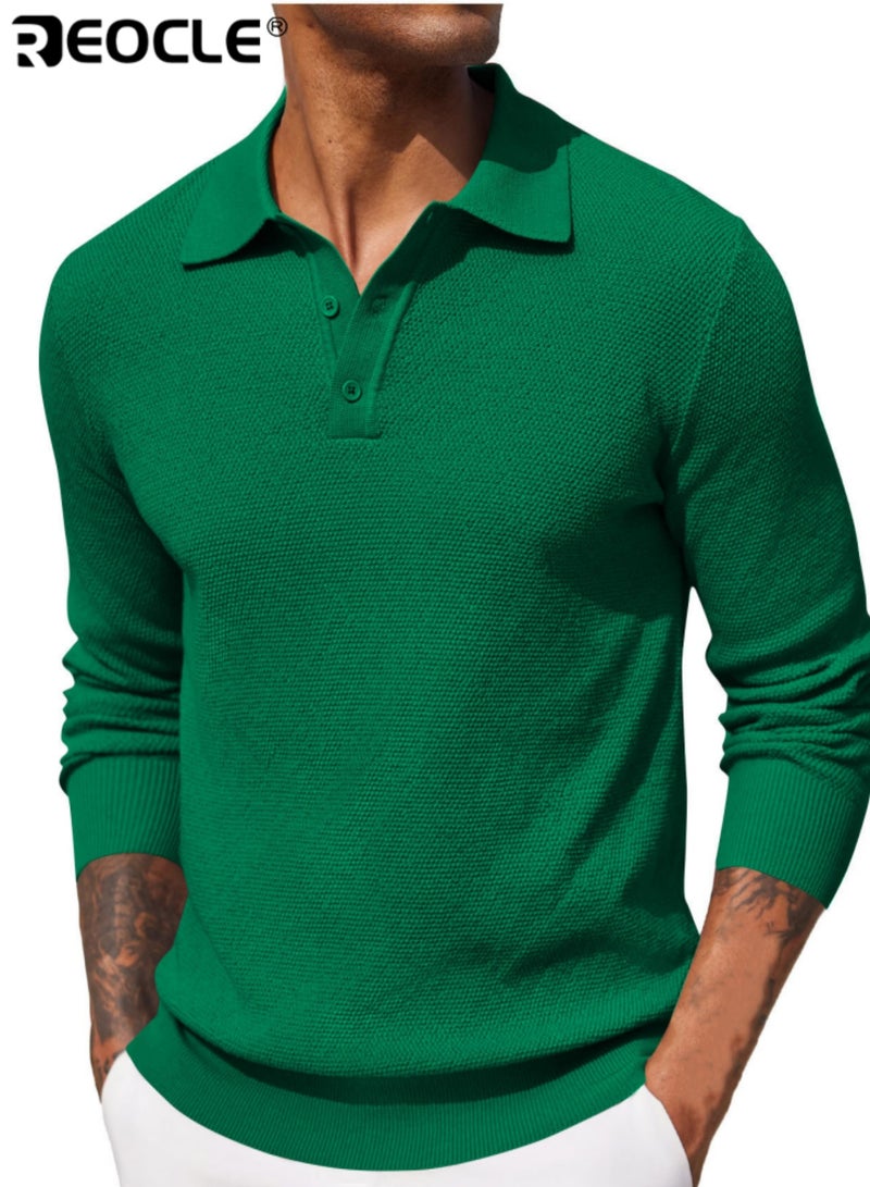 REOCLE Men's Long Sleeve Knitted Polo Shirt Classic Collared Pullover with Textured Design Comfortable Casual & Semi-Formal Top for Daily Wear - Image 1