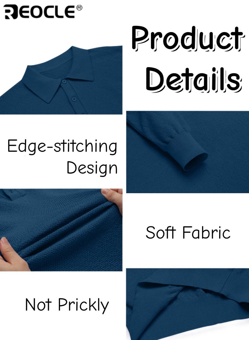 REOCLE Men's Long Sleeve Knitted Polo Shirt Classic Collared Pullover with Textured Design Comfortable Casual & Semi-Formal Top for Daily Wear - Image 3