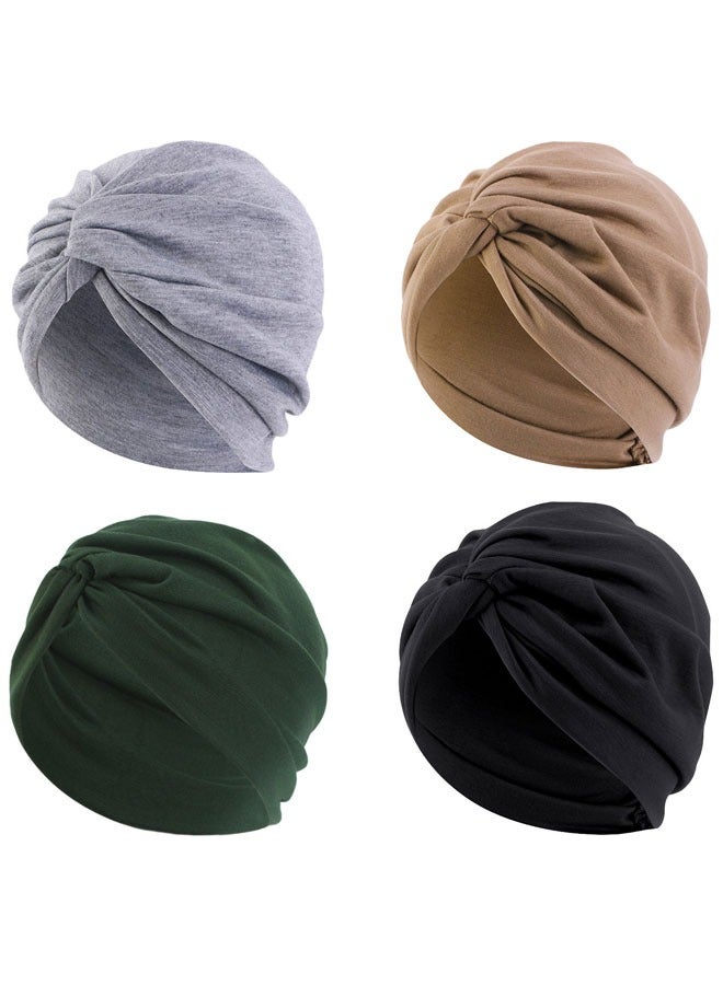 HAWAWA 4 Pieces Turbans for Women, Soft Pre Tied Knot Turban Stretchy Head Wraps Chemo Headwear Pleated Beanie Cap Sleep Hat for Women Girls  - Image 1