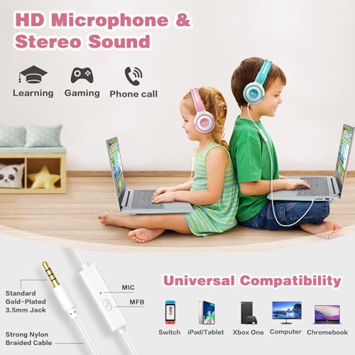 SIMOLIO Wired Headphones for Kids with Mic & Share Port, 75dB/85dB/94dB Volume Limit Children Headphone with Portable Bag for School/Travel, Stereo Sound, Tangle-Free Cord (Pink&White) - Image 5